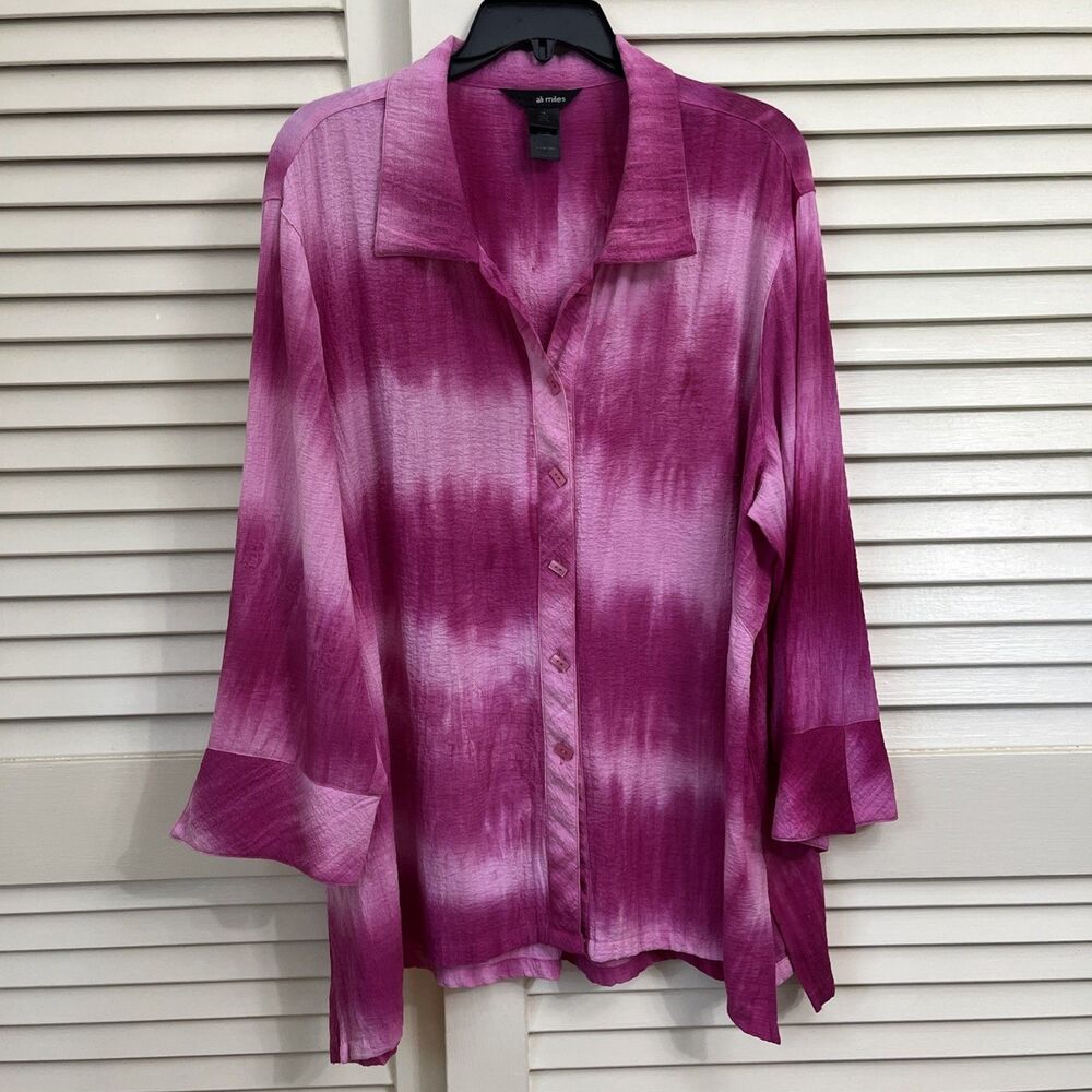 Ali Miles Womens 1X Berry Plaid Button Lagenlook Artsy Abstract Tie Dye Tunic